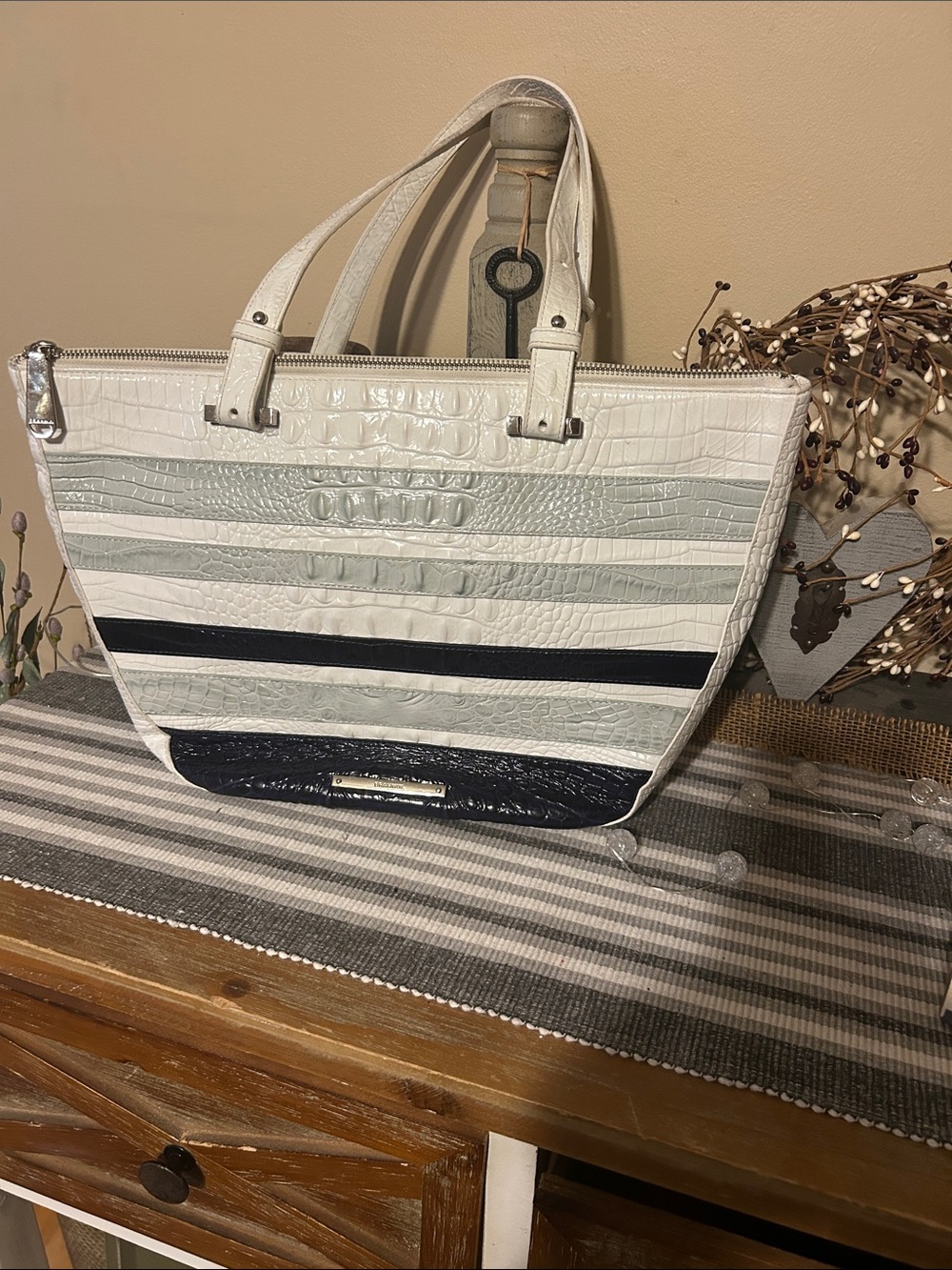 Brahmin White, Light Gray & Navy Striped Croc-Embossed Tote